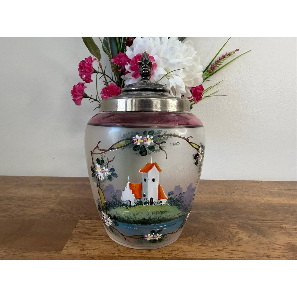 Antique Hand Painted Glass Biscuit Barrel Pink Enamel Scenic Silverplate Lid